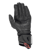 Guantes Alpinestars GP Pro R4, guantes de competición de caña larga, negros, vista de la palma que muestra la construcción de cuero reforzado, detalles de dedos perforados y protector de puño DFS con tirador con el logo de la estrella roja