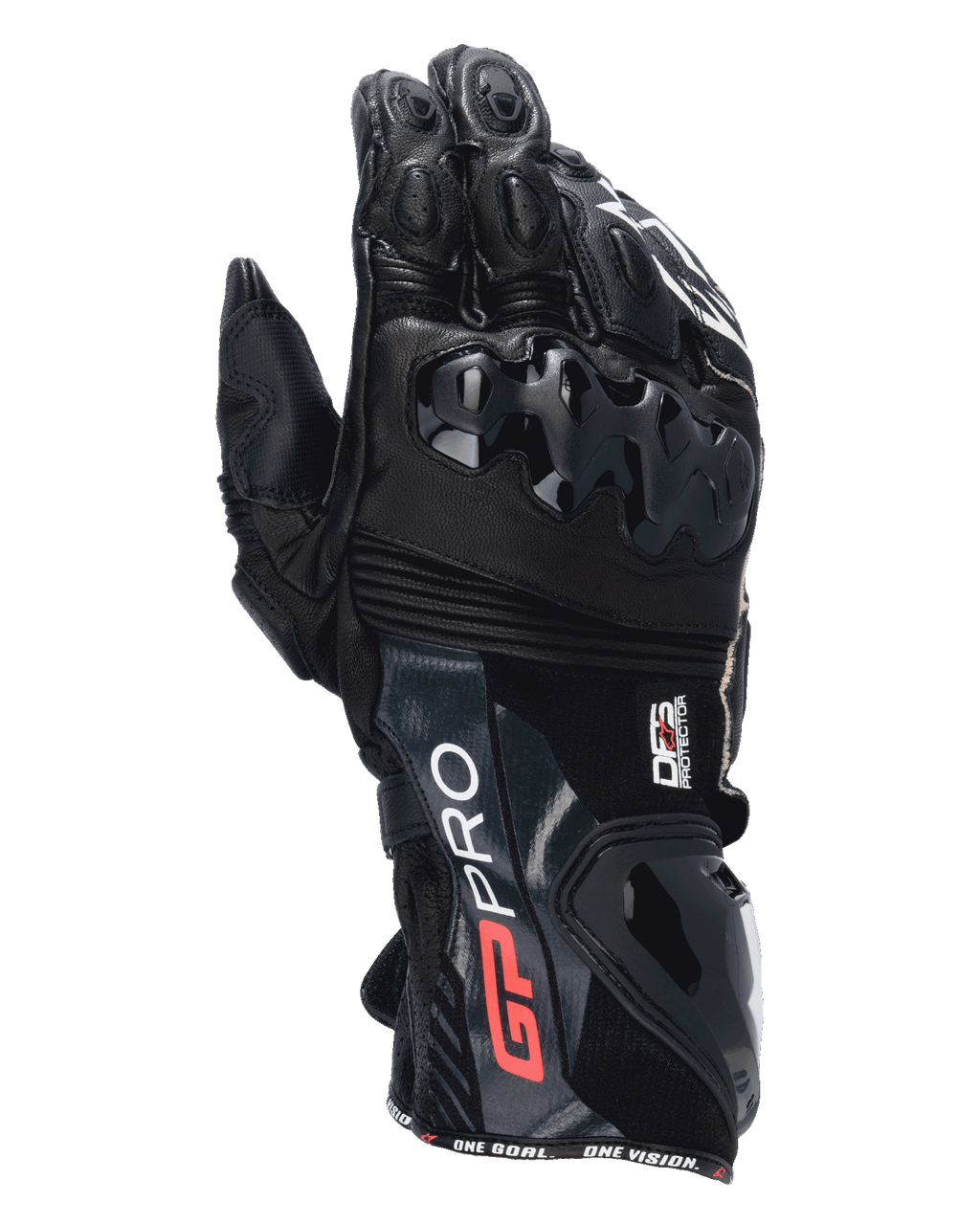 Guantes Alpinestars GP Pro R4, guantes de caña larga para carreras de moto en color negro, con protectores DFS en nudillos y puños, confección en cuero de primera calidad con logotipos en rojo y blanco, protección de alto rendimiento para días de circuito
