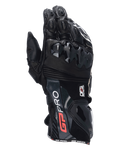 Guantes Alpinestars GP Pro R4, guantes de caña larga para carreras de moto en color negro, con protectores DFS en nudillos y puños, confección en cuero de primera calidad con logotipos en rojo y blanco, protección de alto rendimiento para días de circuito