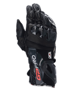 Guantes Alpinestars GP Pro R4, guantes de caña larga para carreras de moto en color negro, con protectores DFS en nudillos y puños, confección en cuero de primera calidad con logotipos en rojo y blanco, protección de alto rendimiento para días de circuito