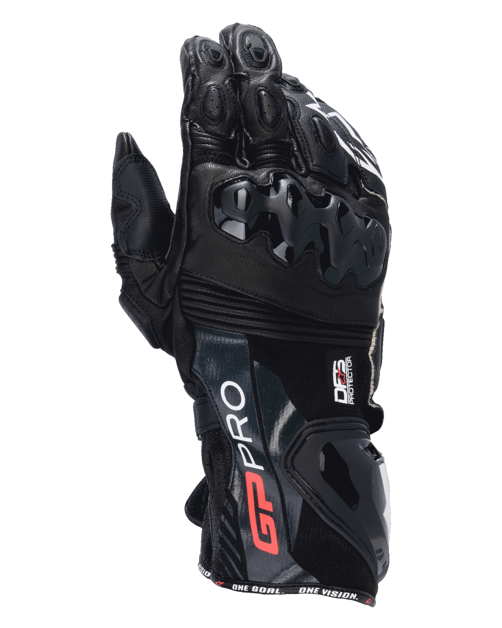 Guantes Alpinestars GP Pro R4, guantes de caña larga para carreras de moto en color negro, con protectores DFS en nudillos y puños, confección en cuero de primera calidad con logotipos en rojo y blanco, protección de alto rendimiento para días de circuito