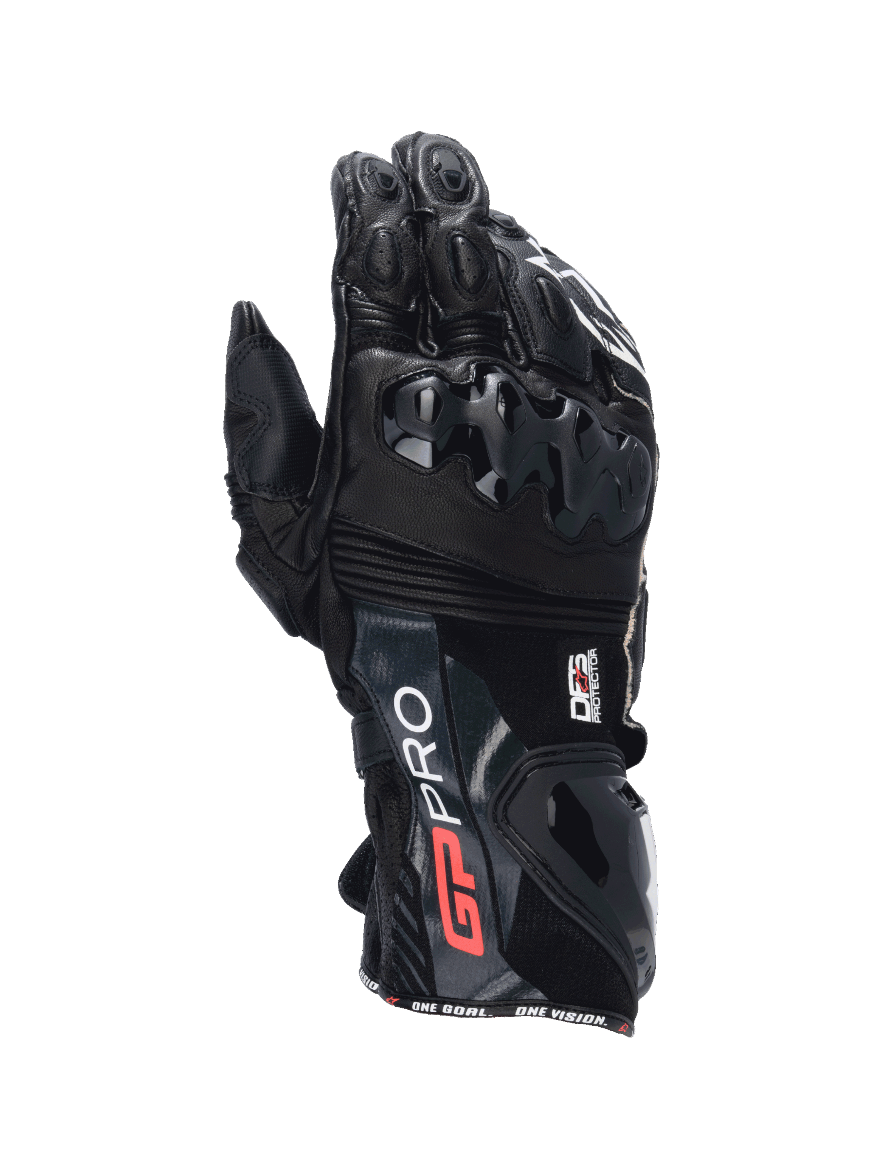 Alpinestars GP Pro R4 Gloves, men's black leather motorcycle racing gauntlet with DFS knuckle and cuff protection.