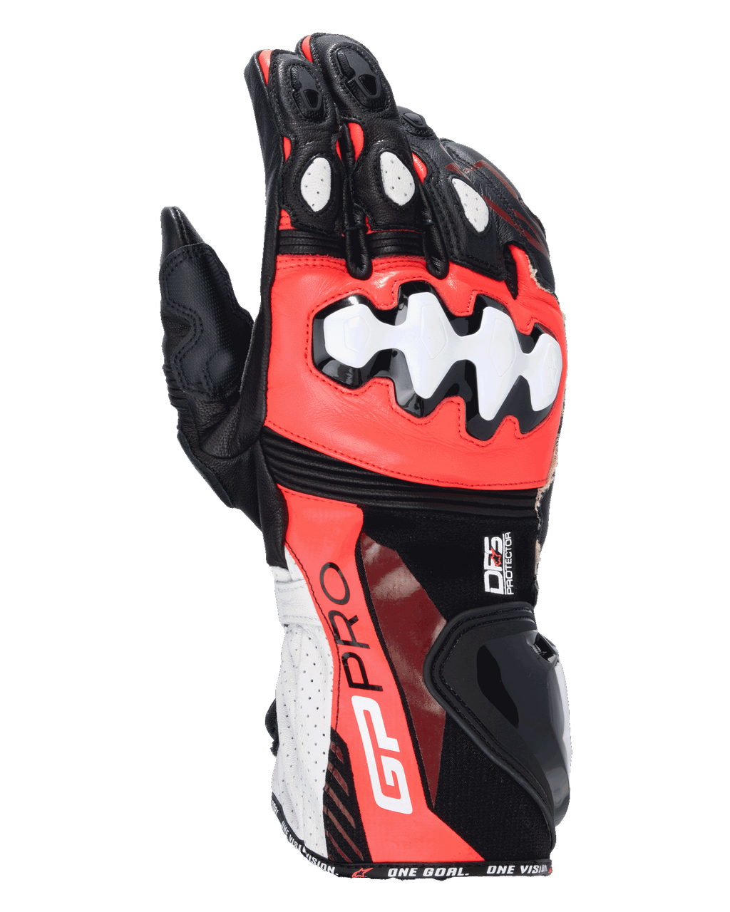 Alpinestars GP Pro R4 Gloves, Motorcycle Racing Gloves, Black Red Fluo and White, featuring DFS knuckle and cuff protectors, perforated leather construction, GP Pro branding on the gauntlet, high-performance racing gear