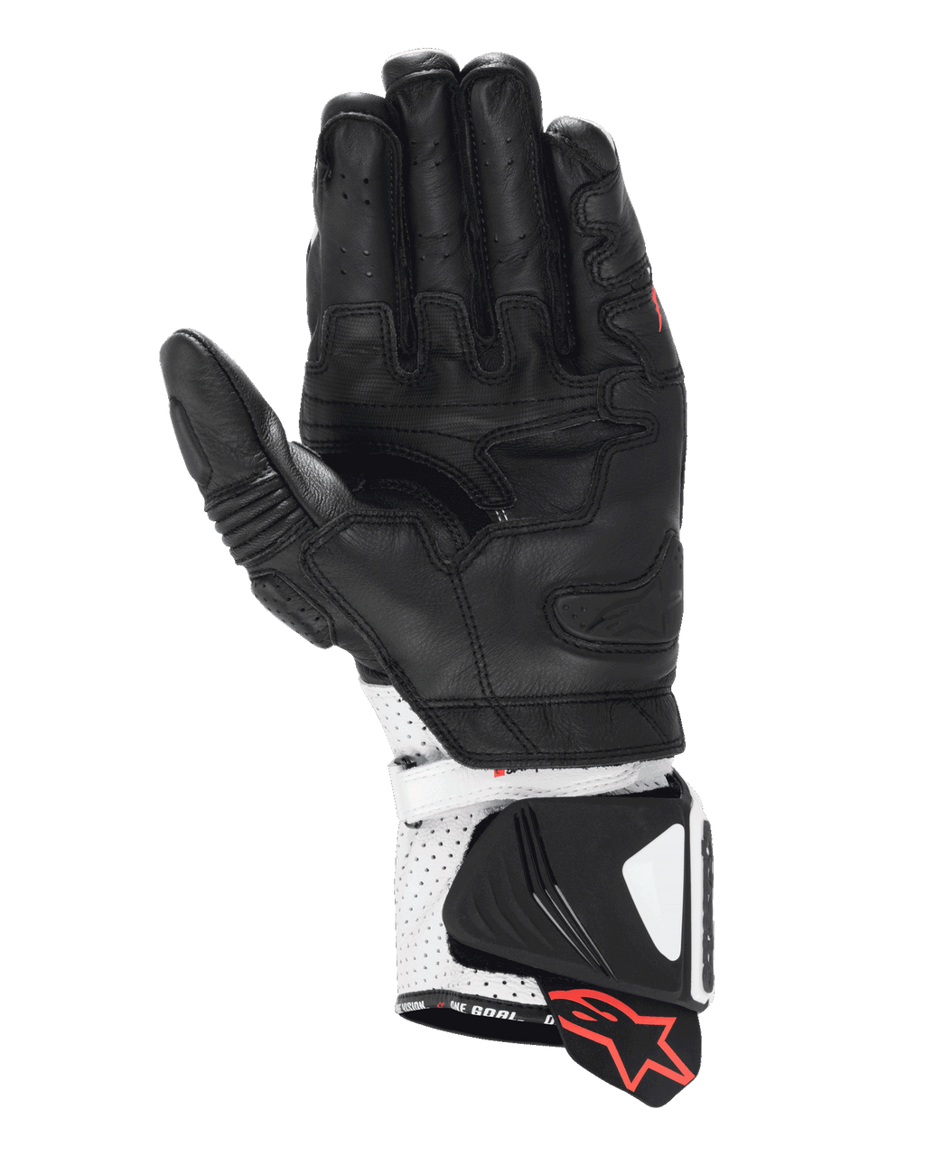Guantes Alpinestars GP Pro R4, guantes de competición tipo gauntlet, negros y blancos, vista de la palma que muestra la construcción de cuero de alto rendimiento, puño perforado con deslizadores rígidos y detalles del logo en rojo