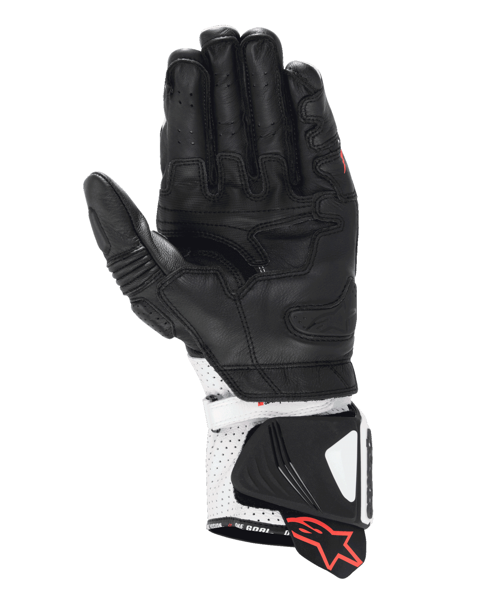 Guantes Alpinestars GP Pro R4, guantes de competición tipo gauntlet, negros y blancos, vista de la palma que muestra la construcción de cuero de alto rendimiento, puño perforado con deslizadores rígidos y detalles del logo en rojo