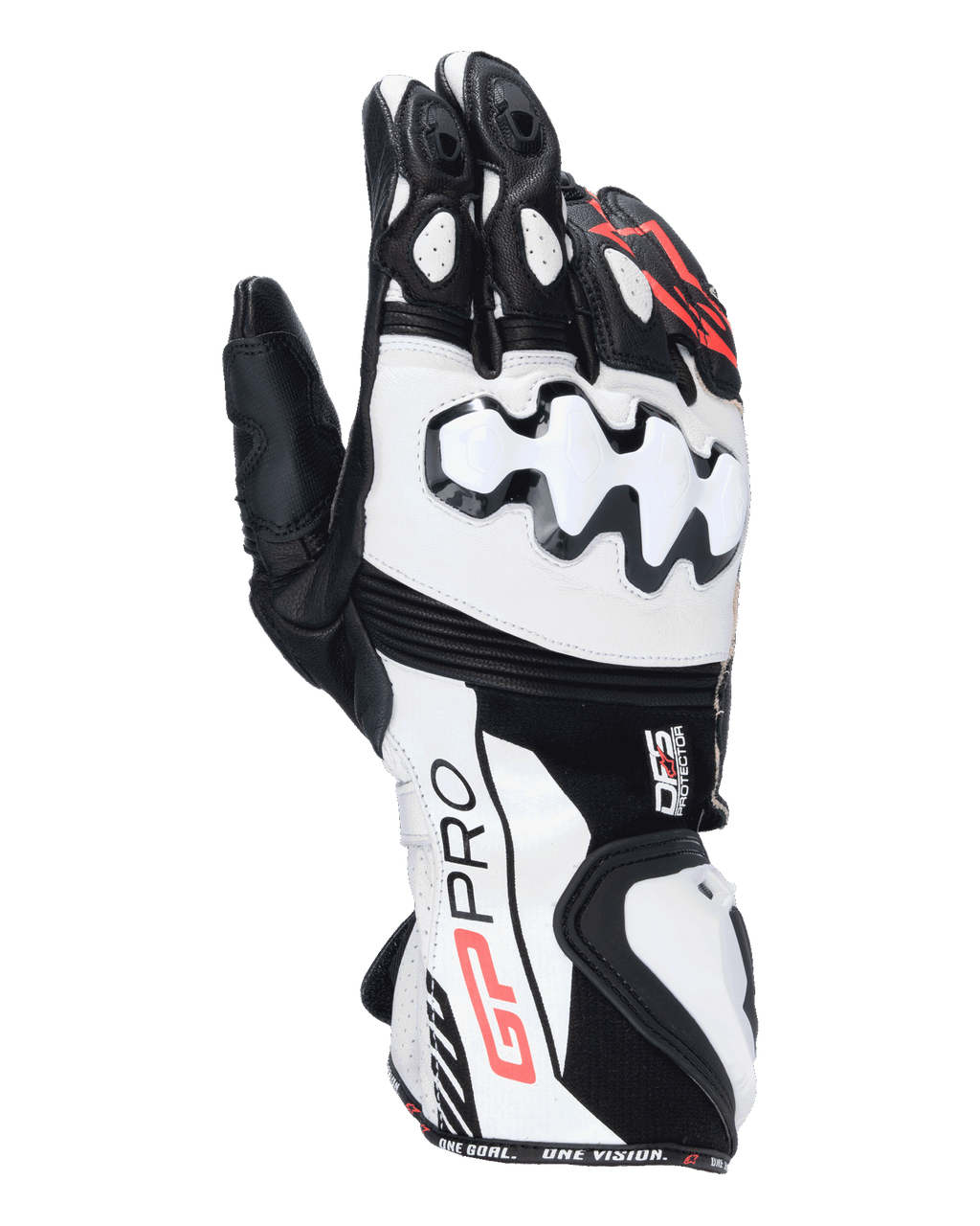 Alpinestars GP Pro R4, guantes de moto para carreras, negros, blancos y rojos, con protectores de nudillos DFS blancos, confección en cuero de primera calidad y diseño de alto rendimiento para pista