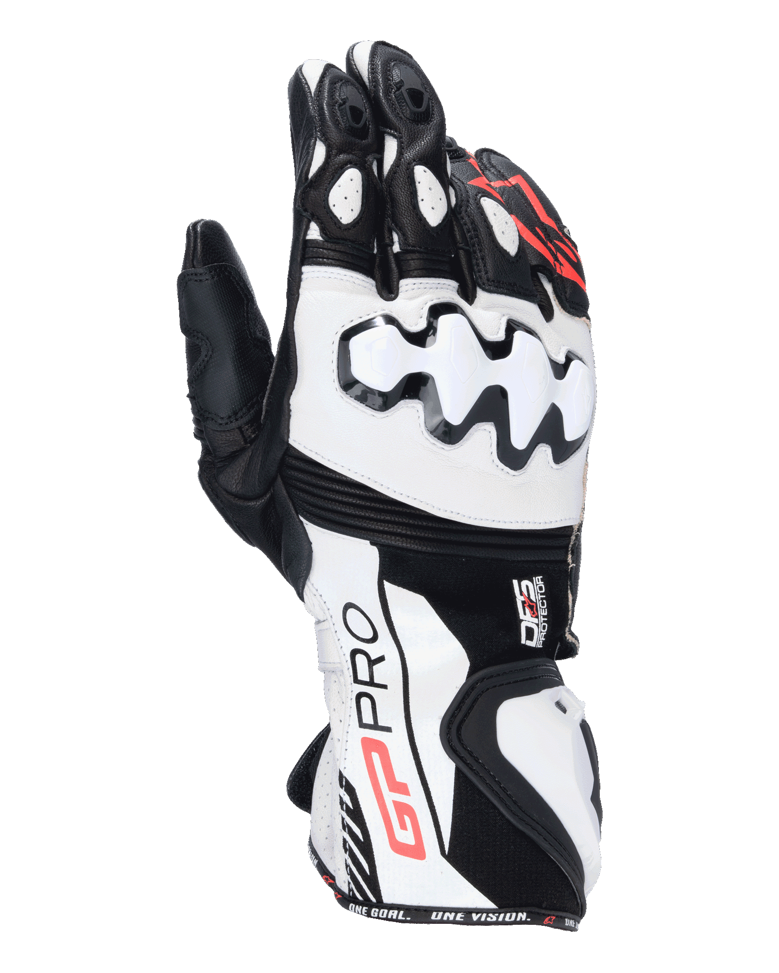 Alpinestars GP Pro R4, guantes de moto para carreras, negros, blancos y rojos, con protectores de nudillos DFS blancos, confección en cuero de primera calidad y diseño de alto rendimiento para pista