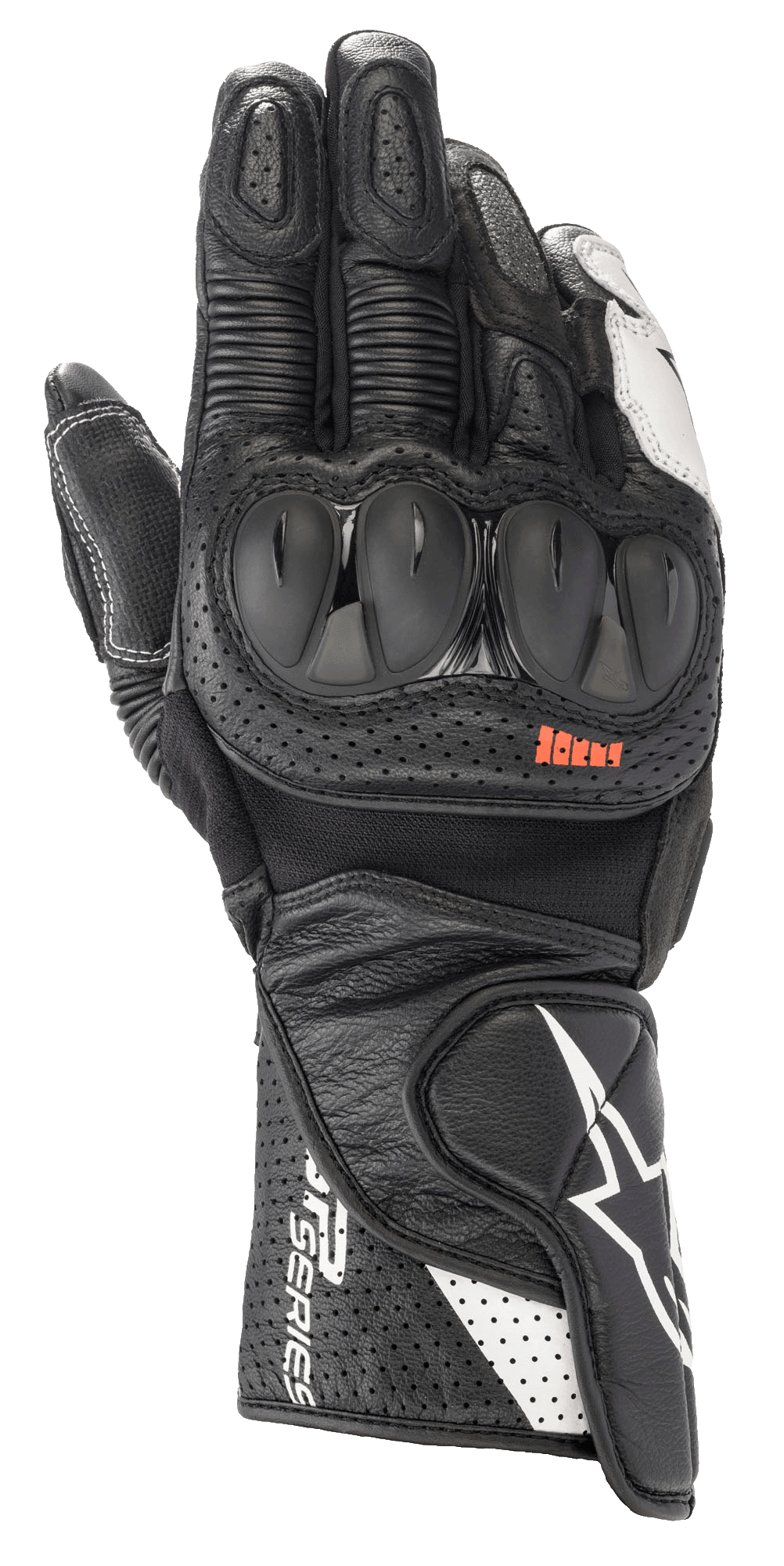Guantes Alpinestars SP-2 V3, guantes de carreras para motocicleta, negros y blancos, con protectores de nudillos de TPU rígido, cuero perforado para ventilación, puño largo con el logo de la estrella blanca y la marca SP Series