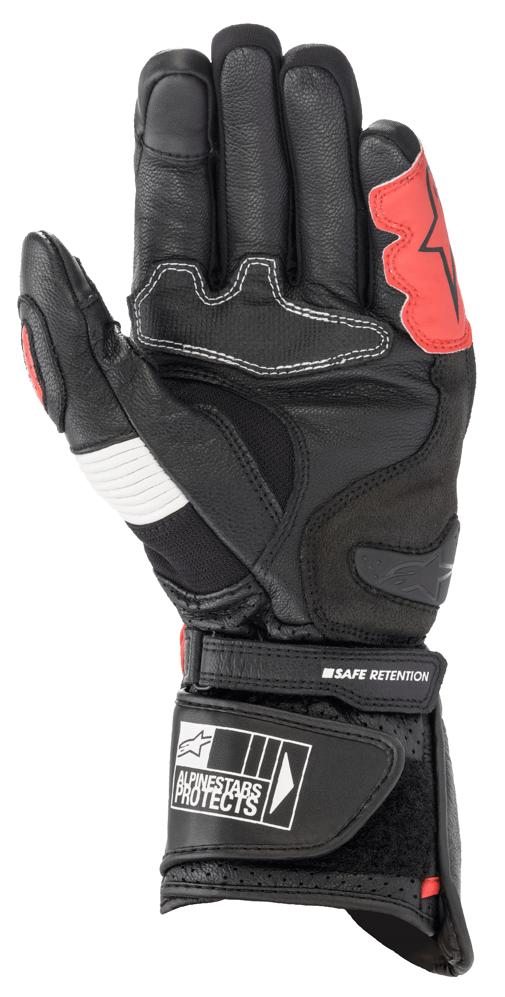 Guantes Alpinestars SP-2 V3, negro, blanco y rojo brillante, vista de la palma que muestra la construcción de cuero reforzado, deslizador de palma de TPU, panel de acordeón blanco y correa de muñeca segura con la marca