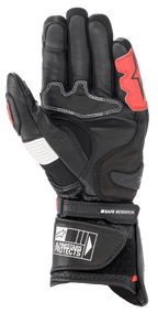 Guantes Alpinestars SP-2 V3, negro, blanco y rojo brillante, vista de la palma que muestra la construcción de cuero reforzado, deslizador de palma de TPU, panel de acordeón blanco y correa de muñeca segura con la marca