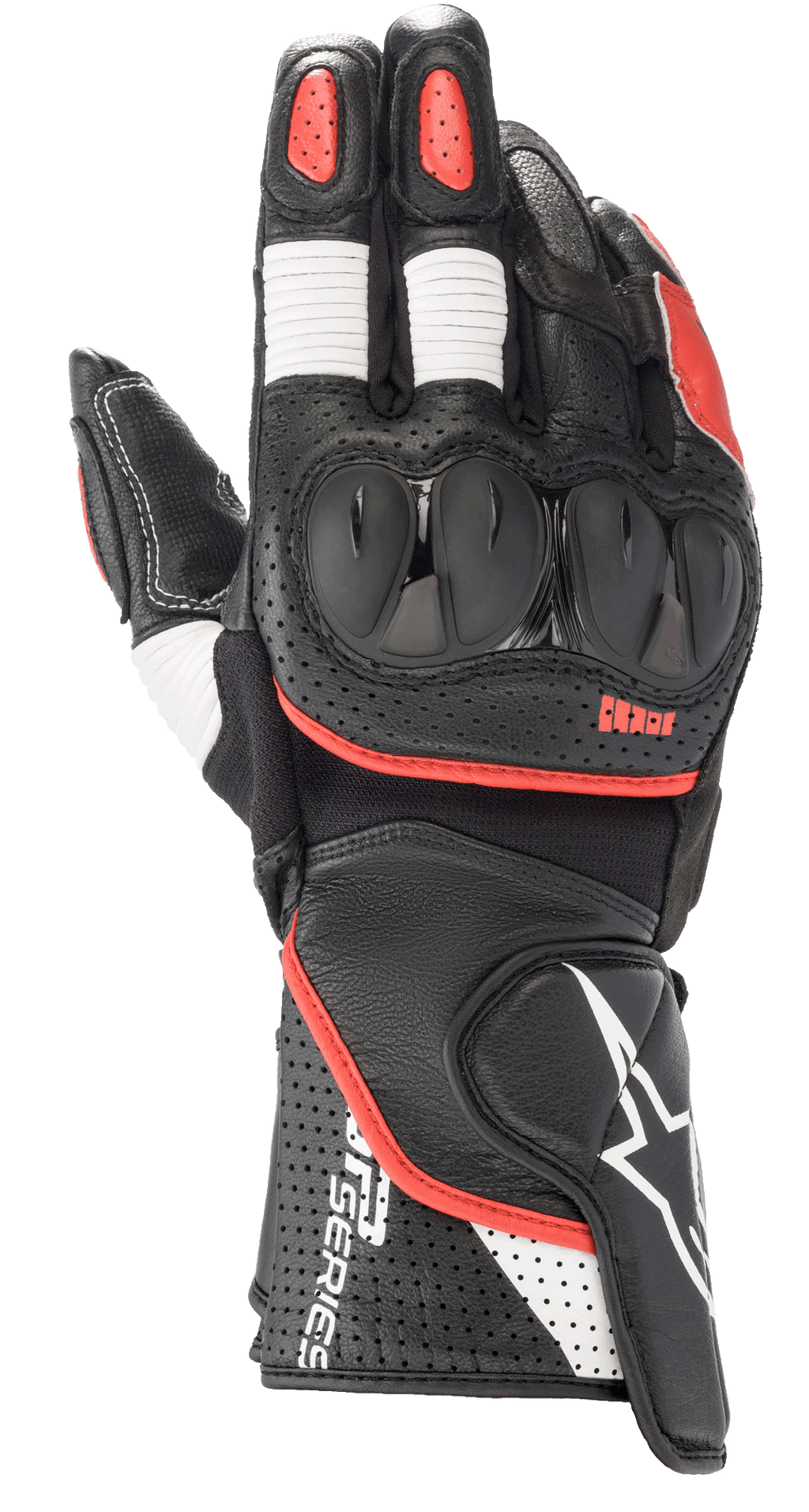Alpinestars SP-2 V3 Gloves, guantes de carreras para moto, negros con detalles en blanco y rojo brillante, protector de nudillos de TPU rígido, confección en cuero perforado en el puño, paneles elásticos de acordeón blancos en los dedos y marca destacada de la serie GP