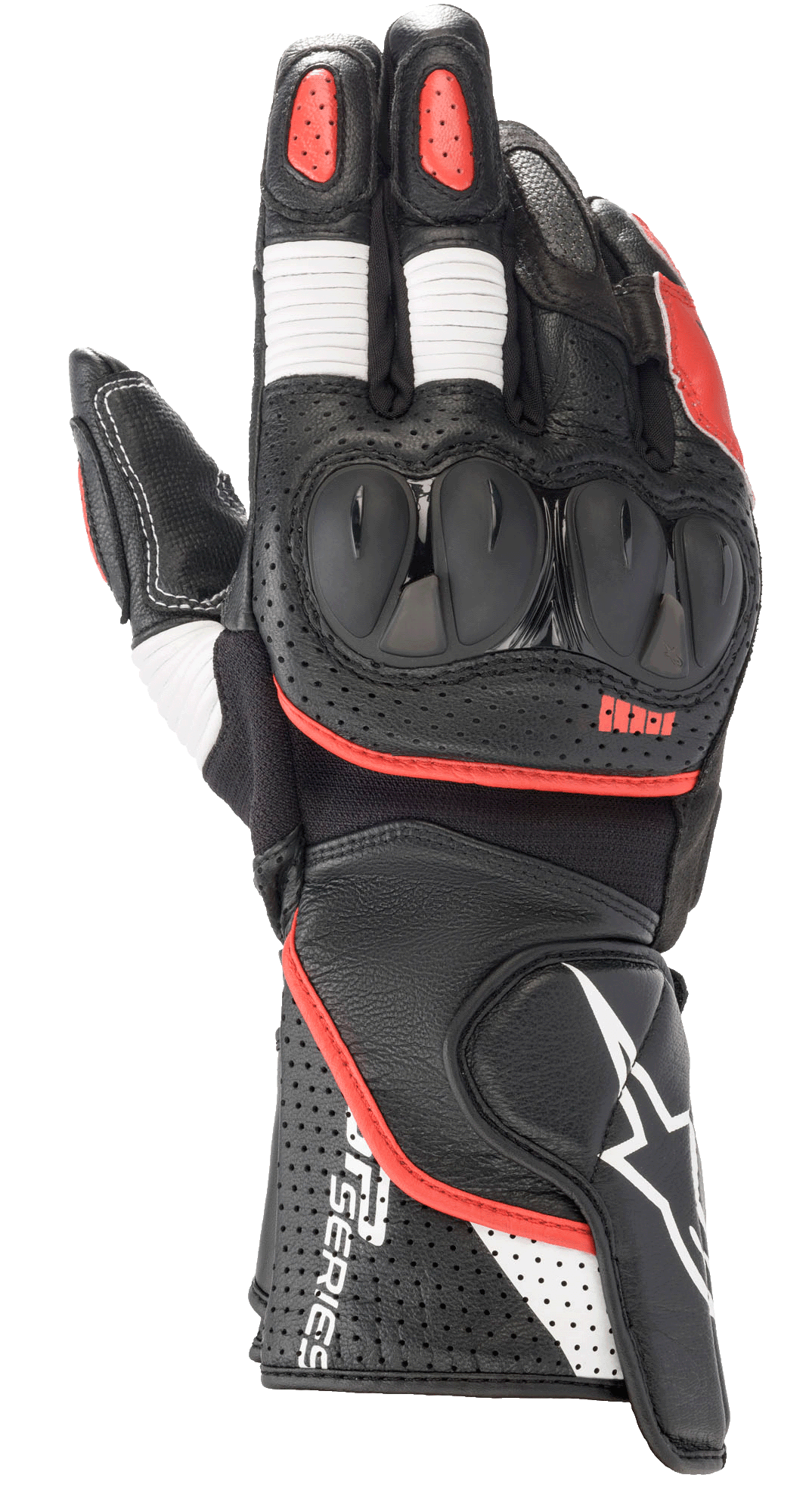 Alpinestars SP-2 V3 Gloves, guantes de carreras para moto, negros con detalles en blanco y rojo brillante, protector de nudillos de TPU rígido, confección en cuero perforado en el puño, paneles elásticos de acordeón blancos en los dedos y marca destacada de la serie GP