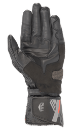 Alpinestars SP-8 V3 Leather Glove, Black, palm view featuring reinforced grip panels and perforated thumb, adjustable cuff with red and grey graphics and 'PULL' tab, sport motorcycle riding gear