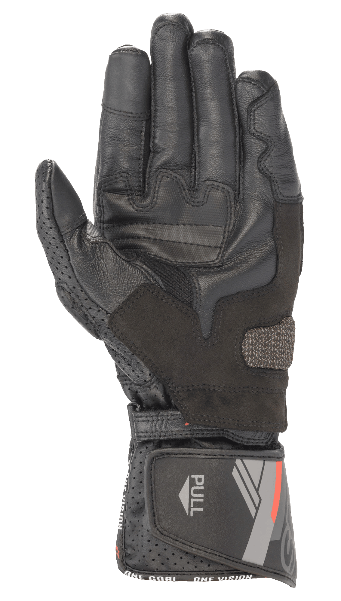 Alpinestars SP-8 V3 Leather Glove, Black, palm view featuring reinforced grip panels and perforated thumb, adjustable cuff with red and grey graphics and 'PULL' tab, sport motorcycle riding gear