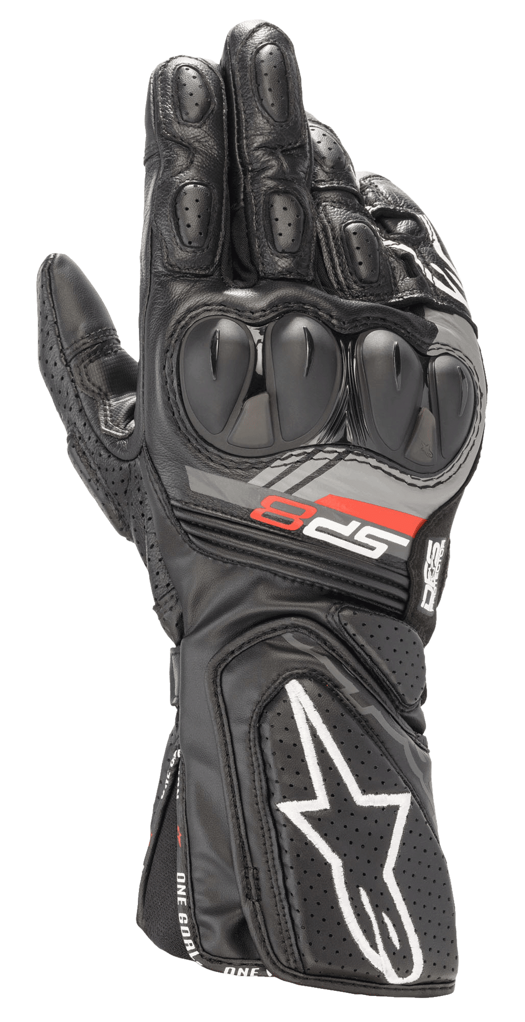 Alpinestars SP-8 V3 Leather Gloves, Black Motorcycle Racing Gloves, featuring dual-density knuckle protection, red and grey 'SP-8' branding, white star logo on the perforated cuff, reinforced finger padding, and full-grain leather construction for sport riding