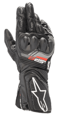 Alpinestars SP-8 V3 Leather Gloves, Black Motorcycle Racing Gloves, featuring dual-density knuckle protection, red and grey 'SP-8' branding, white star logo on the perforated cuff, reinforced finger padding, and full-grain leather construction for sport riding