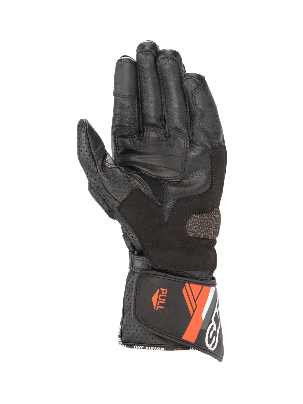 Guantes Alpinestars SP-8 V3 para hombre, cuero negro y rojo fluo, vista de la palma con agarre y cierre de puño con tirador