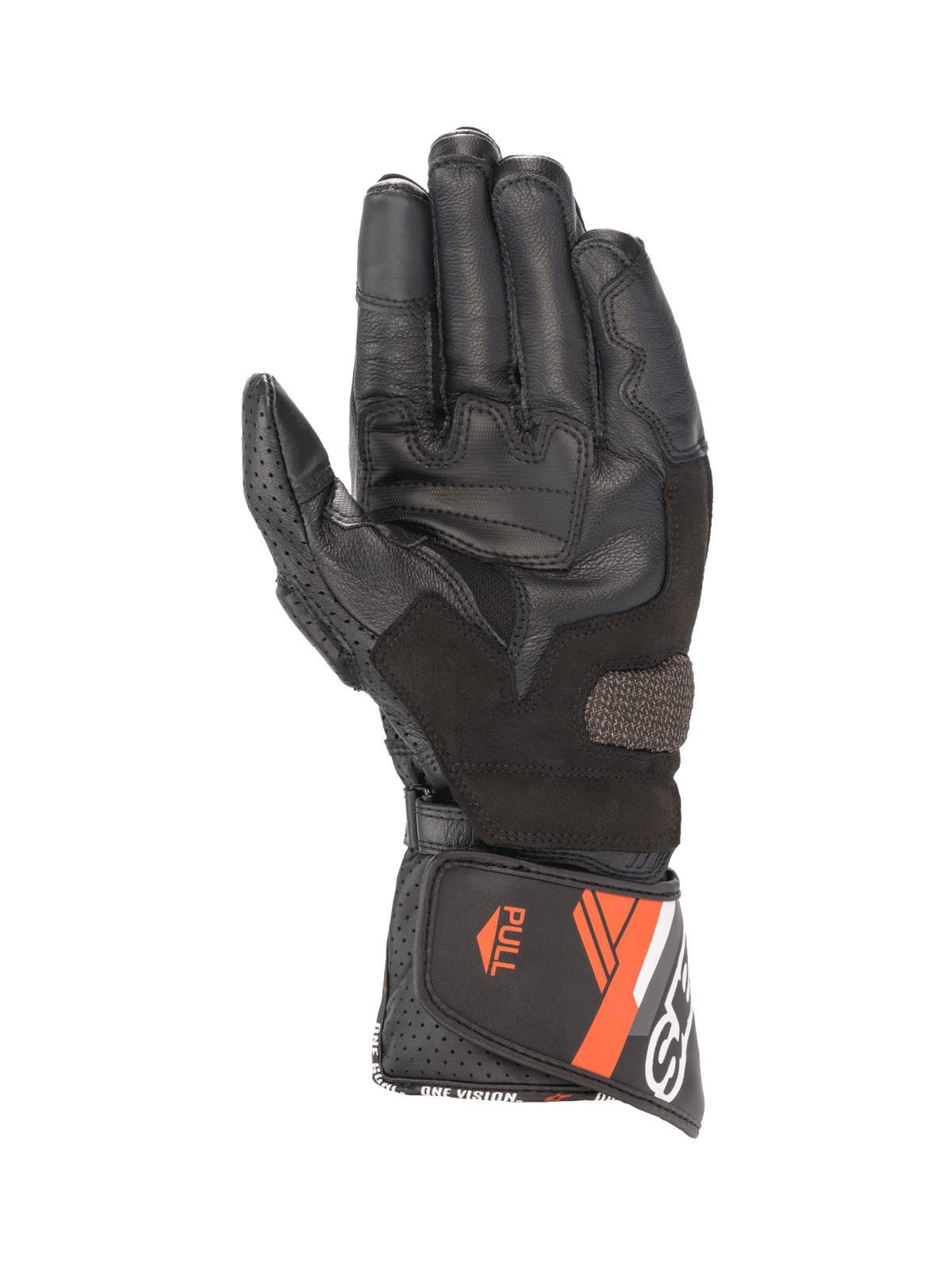 Guantes Alpinestars SP-8 V3 para hombre, cuero negro y rojo fluo, vista de la palma con agarre y cierre de puño con tirador