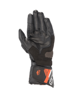 Guantes Alpinestars SP-8 V3 para hombre, cuero negro y rojo fluo, vista de la palma con agarre y cierre de puño con tirador