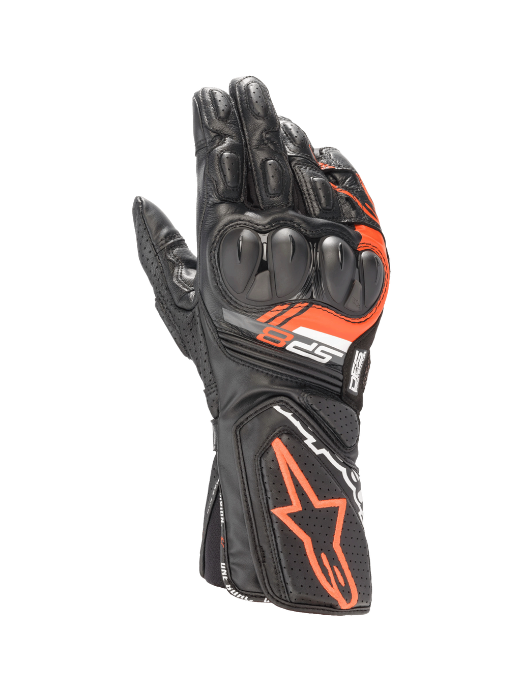 Alpinestars SP-8 V3, guantes de moto de cuero para hombre, negros y rojo fluo, protección de nudillos de doble densidad, diseño deportivo de alto rendimiento para carreras