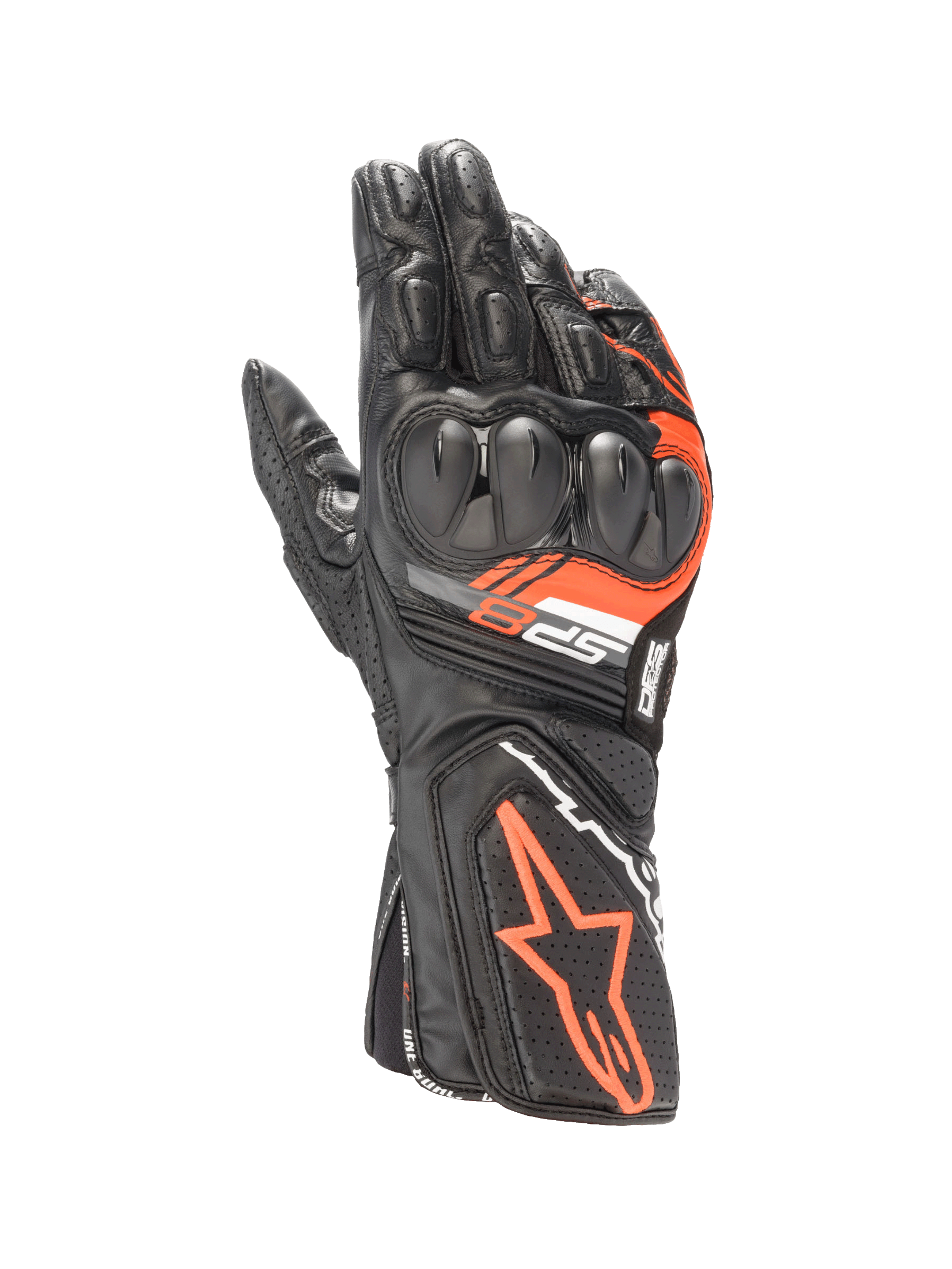 Alpinestars SP-8 V3, guantes de moto de cuero para hombre, negros y rojo fluo, protección de nudillos de doble densidad, diseño deportivo de alto rendimiento para carreras