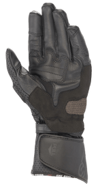 Alpinestars SP-8 V3 Leather Gloves, Black Black, palm view showing reinforced grip pads, perforated thumb, and adjustable hook and loop cuff closure, high-performance motorcycle racing protection