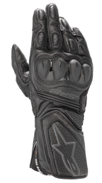 Alpinestars SP-8 V3 Gloves, Black Leather Motorcycle Racing Gloves, All-Black, featuring dual-density knuckle protection, perforated leather panels, and a secure cuff with an embossed star logo and SP-8 branding.
