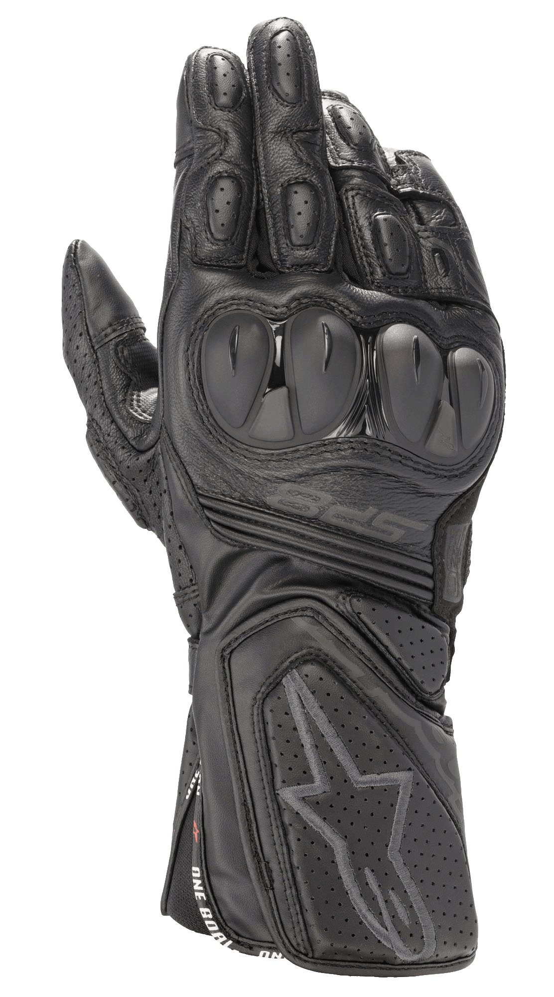 Alpinestars SP-8 V3 Gloves, Black Leather Motorcycle Racing Gloves, All-Black, featuring dual-density knuckle protection, perforated leather panels, and a secure cuff with an embossed star logo and SP-8 branding.