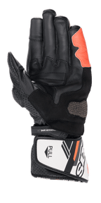 Guantes Alpinestars SP-8 V3, guantes de carreras para moto, negro, blanco y rojo flúor, vista de la palma con inserciones de agarre texturizadas y palma reforzada, cierre de puño con velcro con correa 'SAFE RETENTION' y lengüeta 'PULL' blanca, detalles de cuero perforado