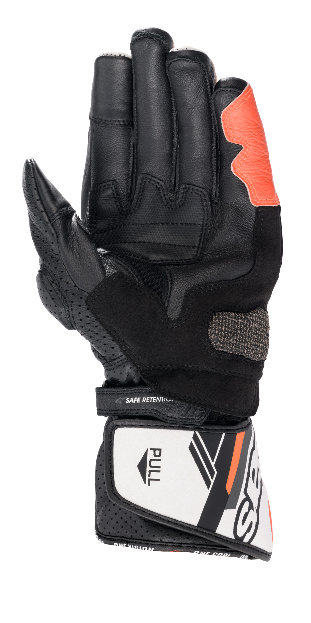 Guantes Alpinestars SP-8 V3, guantes de carreras para moto, negro, blanco y rojo flúor, vista de la palma con inserciones de agarre texturizadas y palma reforzada, cierre de puño con velcro con correa 'SAFE RETENTION' y lengüeta 'PULL' blanca, detalles de cuero perforado