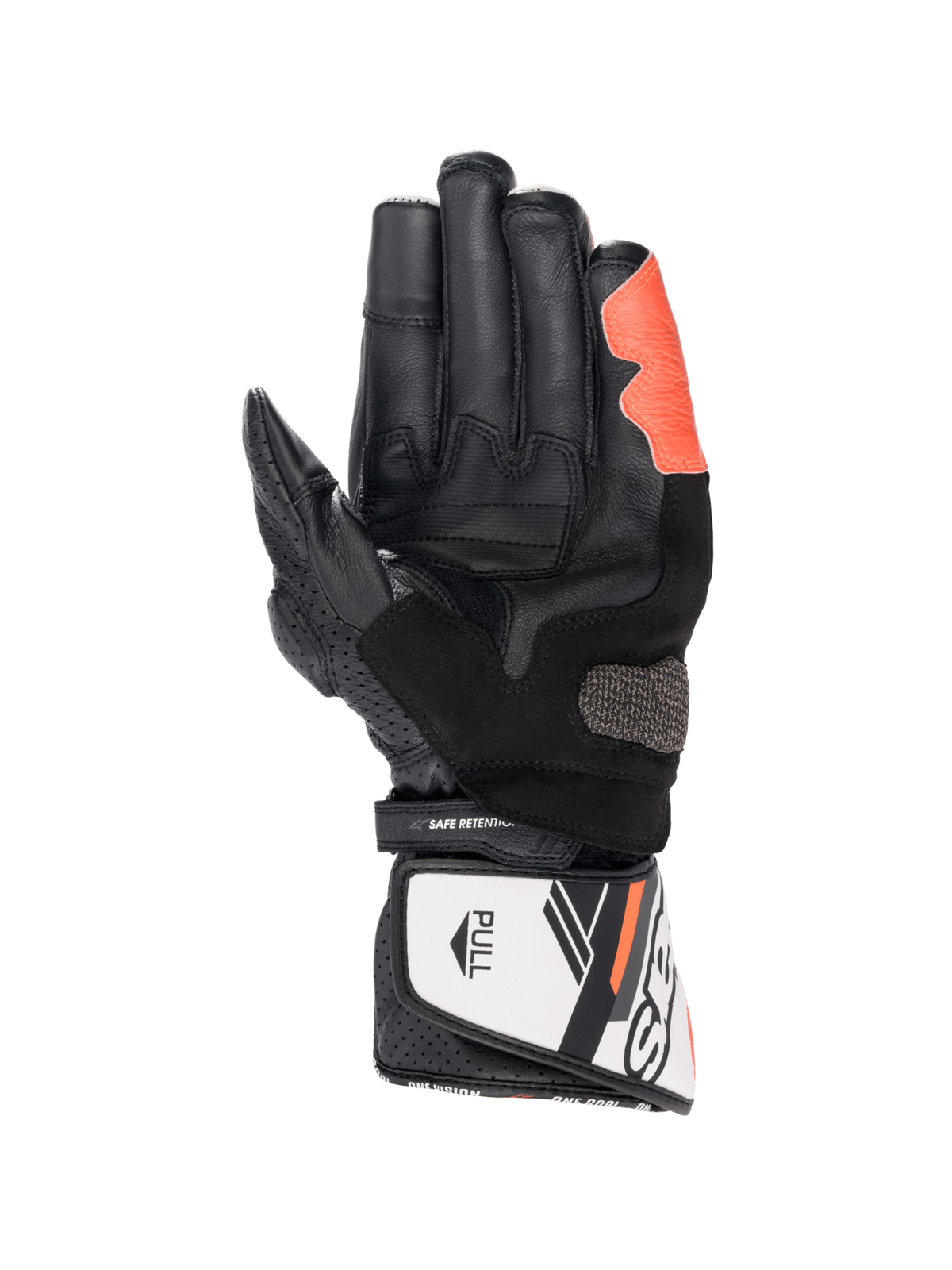 Alpinestars Guantes SP-8 V3, guantes de moto para hombre, negros, blancos y rojo flúor, vista de la palma con deslizador Arshield y construcción de cuero premium.