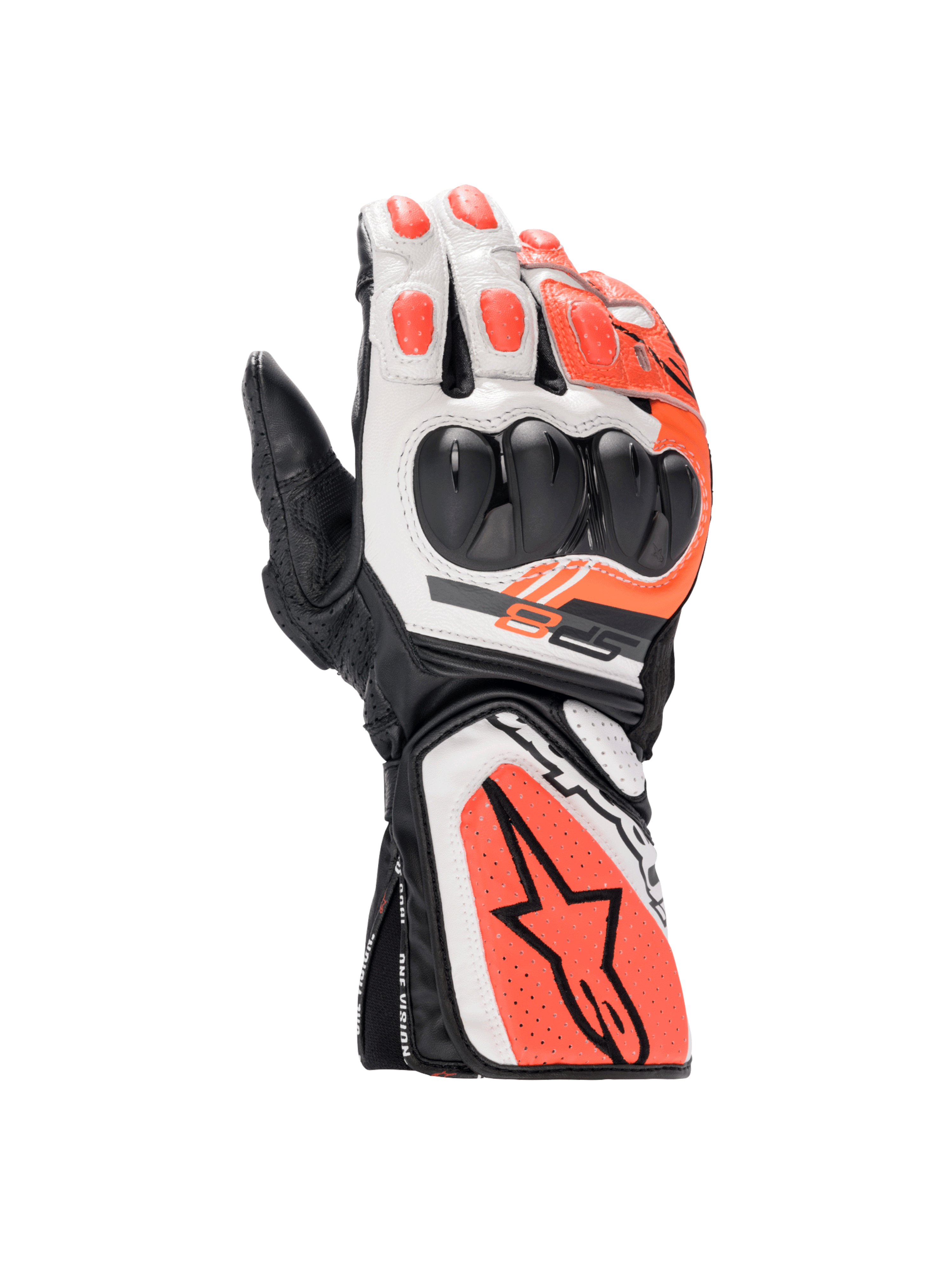 Alpinestars SP-8 V3, guantes de moto, negro, blanco y rojo fluo, cuero con protección de nudillos y certificado CE