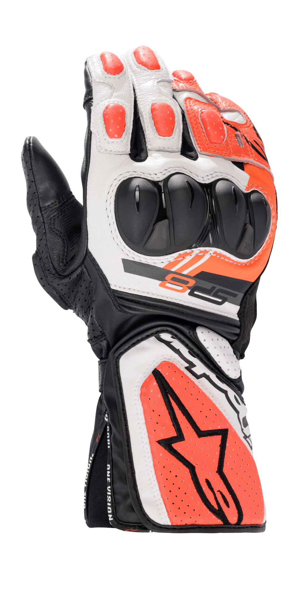 Guantes Alpinestars SP-8 V3, guantes de moto para carreras, negro, blanco y rojo flúor, con protección de nudillos rígida de doble densidad, paneles de cuero perforado, puño largo con el gran logotipo de la estrella de Alpinestars y un diseño deportivo ergonómico