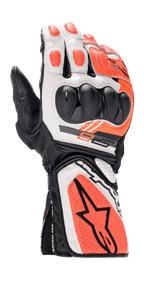 Guantes Alpinestars SP-8 V3, guantes de moto para carreras, negro, blanco y rojo flúor, con protección de nudillos rígida de doble densidad, paneles de cuero perforado, puño largo con el gran logotipo de la estrella de Alpinestars y un diseño deportivo ergonómico