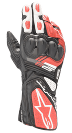 Guantes Alpinestars SP-8 V3, guantes de moto para carreras, negro, blanco y rojo brillante, con protección de nudillos de doble densidad, paneles de cuero perforado y puño largo con logotipo distintivo de Alpinestars, diseñados para rendimiento en pista y seguridad en carretera