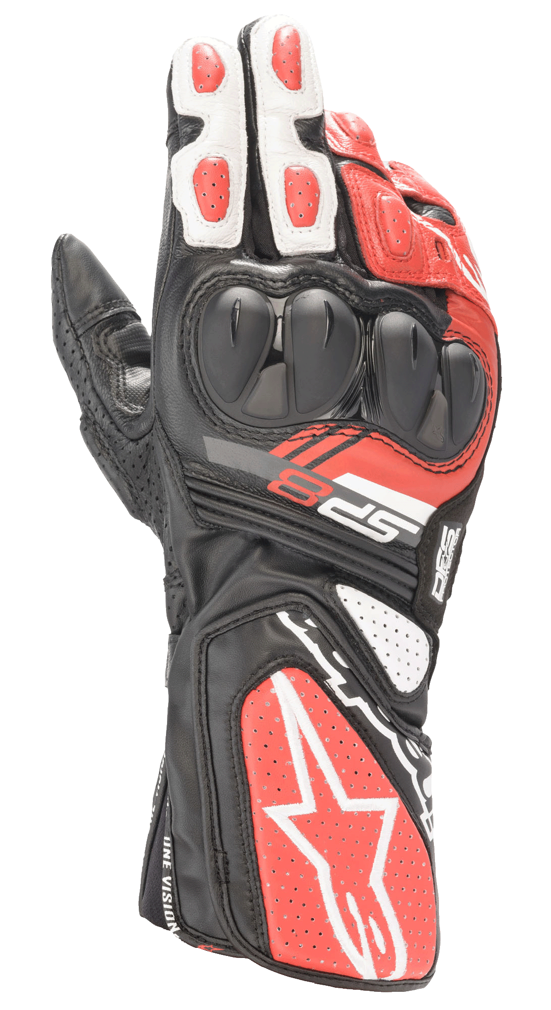 Guantes Alpinestars SP-8 V3, guantes de moto para carreras, negro, blanco y rojo brillante, con protección de nudillos de doble densidad, paneles de cuero perforado y puño largo con logotipo distintivo de Alpinestars, diseñados para rendimiento en pista y seguridad en carretera