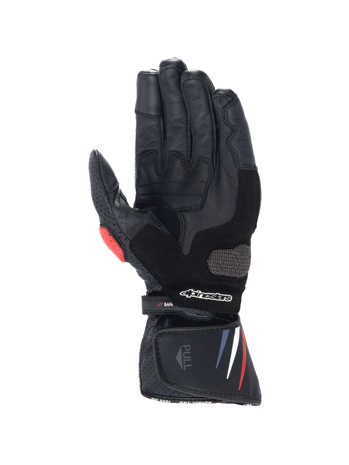 Guantes Honda SP-8 V3, guantes de moto para hombre, negros con detalles rojos y azules, palma reforzada de cuero, cierre de velcro, diseño racing
