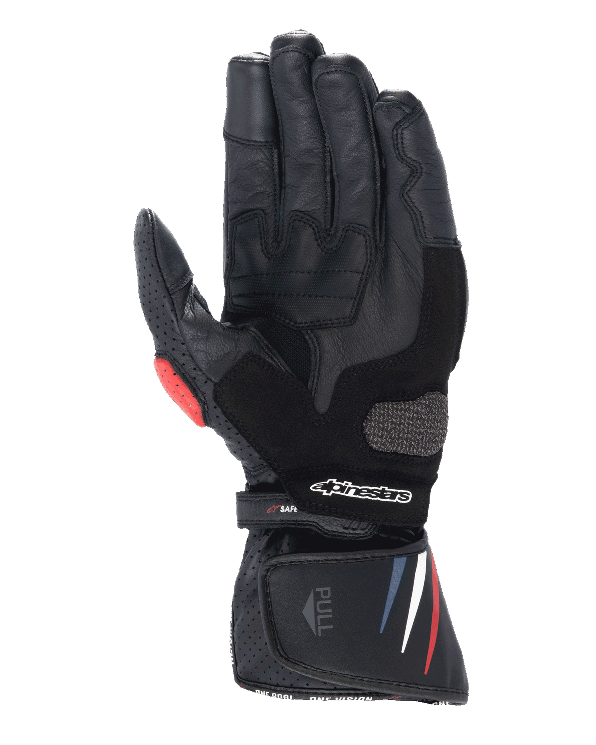 Guantes Alpinestars Honda SP-8 V3, guantes de moto, negros con acentos en rojo y azul, vista de la palma que muestra la construcción de cuero de grano completo, deslizador de palma reforzado, detalles perforados y puño extendido con el logotipo de Alpinestars.