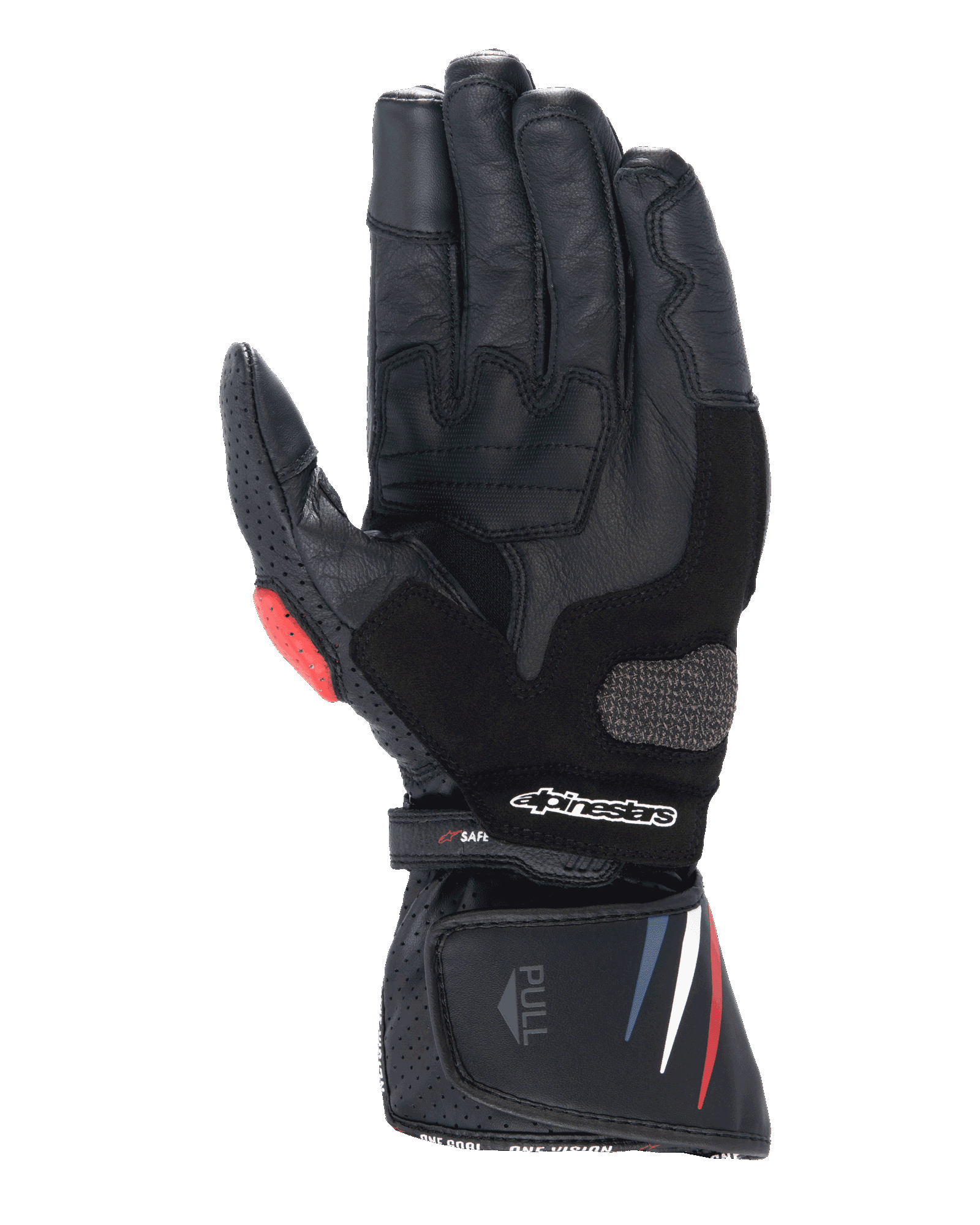 Guantes Alpinestars Honda SP-8 V3, guantes de moto, negros con acentos en rojo y azul, vista de la palma que muestra la construcción de cuero de grano completo, deslizador de palma reforzado, detalles perforados y puño extendido con el logotipo de Alpinestars.