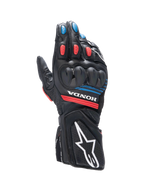 Alpinestars Honda SP-8 V3 Gloves, men's motorcycle sport gloves in black and red with blue accents and knuckle protection.