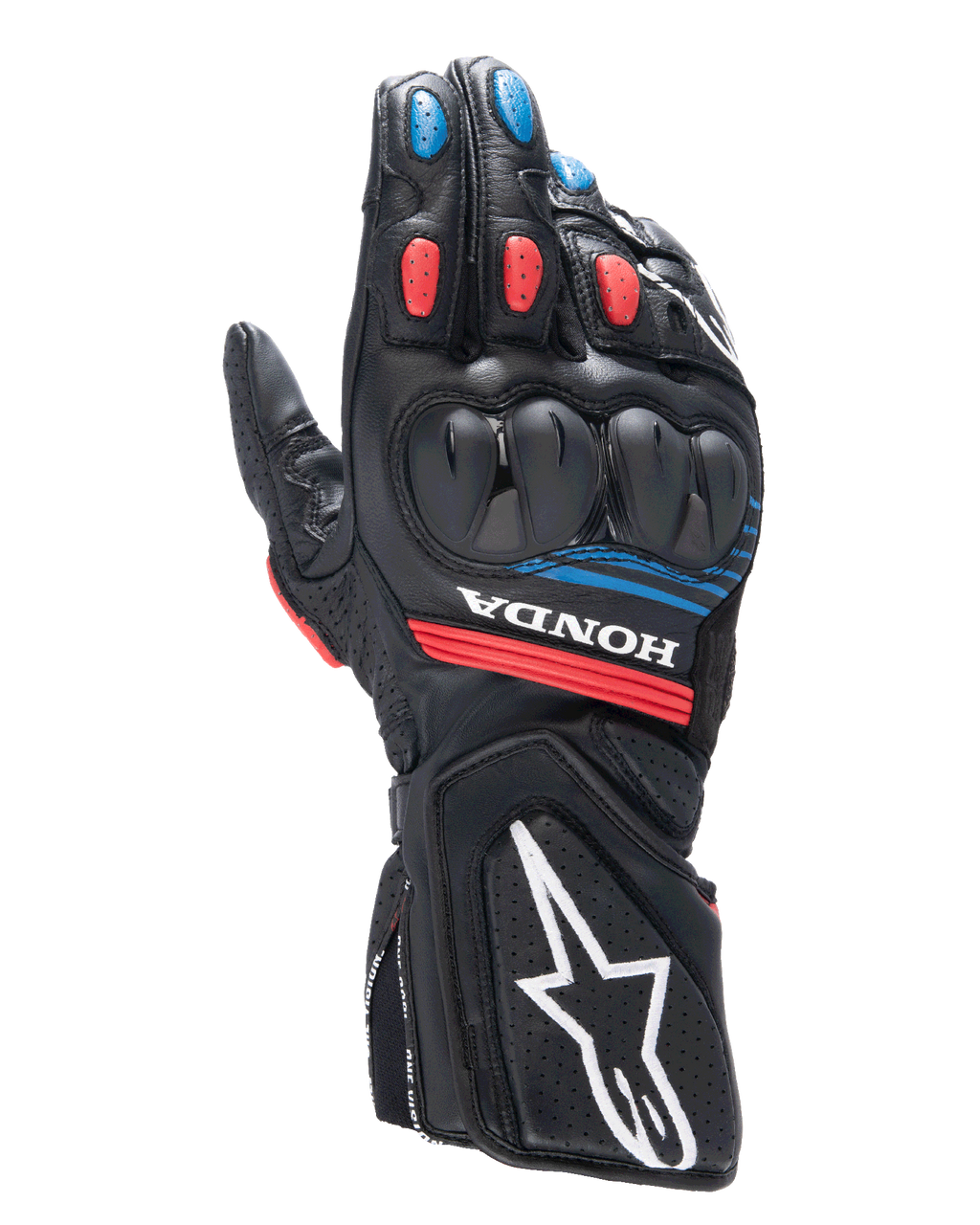 Guantes Alpinestars Honda SP-8 V3, guantes de moto para carreras, negros con detalles en rojo brillante y azul, con protección de nudillos rígida de doble densidad, confección de cuero perforado, marca Honda en la muñeca y logotipo de Alpinestars grande en blanco en el puño.