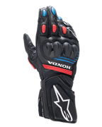 Guantes Alpinestars Honda SP-8 V3, guantes de moto para carreras, negros con detalles en rojo brillante y azul, con protección de nudillos rígida de doble densidad, confección de cuero perforado, marca Honda en la muñeca y logotipo de Alpinestars grande en blanco en el puño.