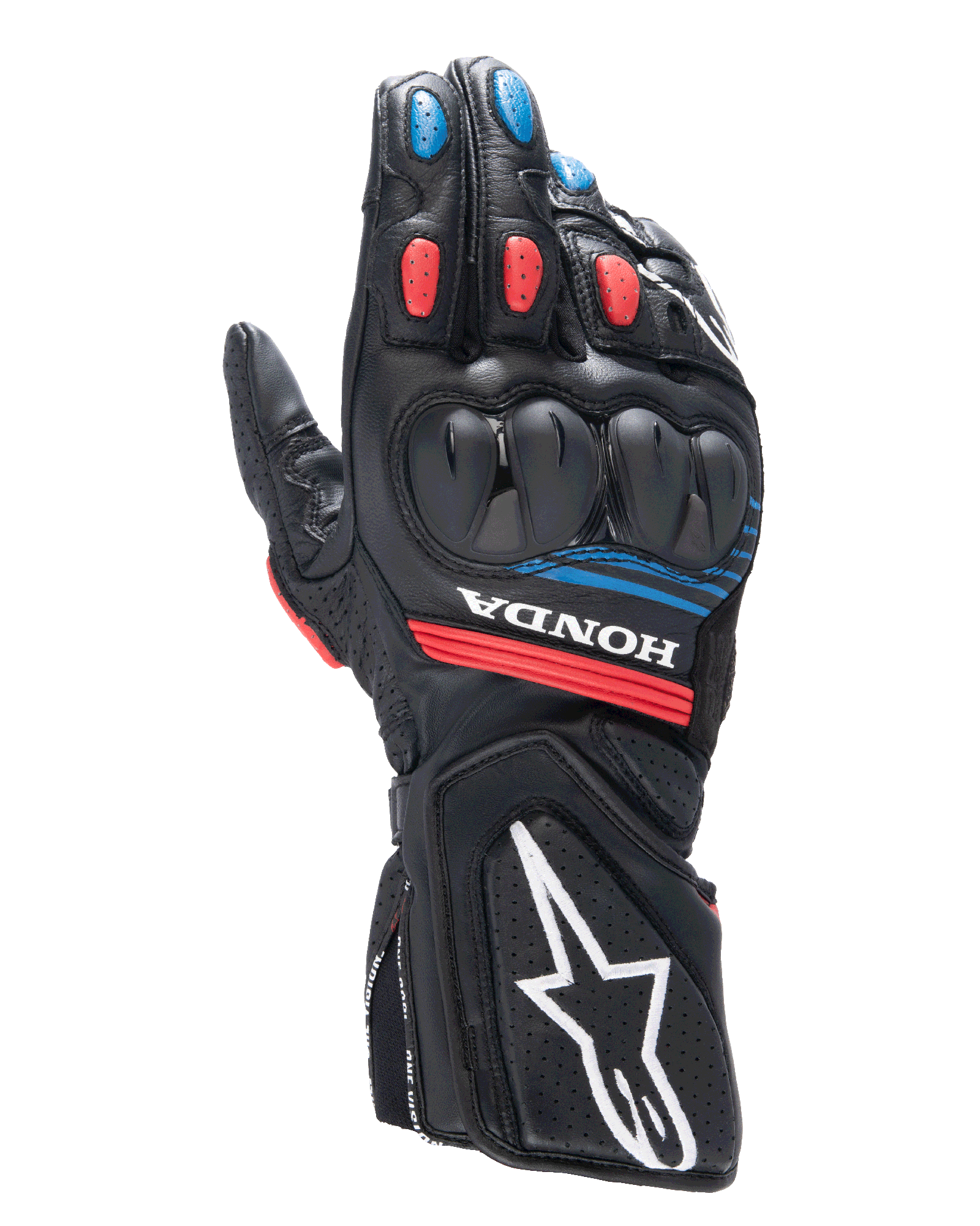 Guantes Alpinestars Honda SP-8 V3, guantes de moto para carreras, negros con detalles en rojo brillante y azul, con protección de nudillos rígida de doble densidad, confección de cuero perforado, marca Honda en la muñeca y logotipo de Alpinestars grande en blanco en el puño.