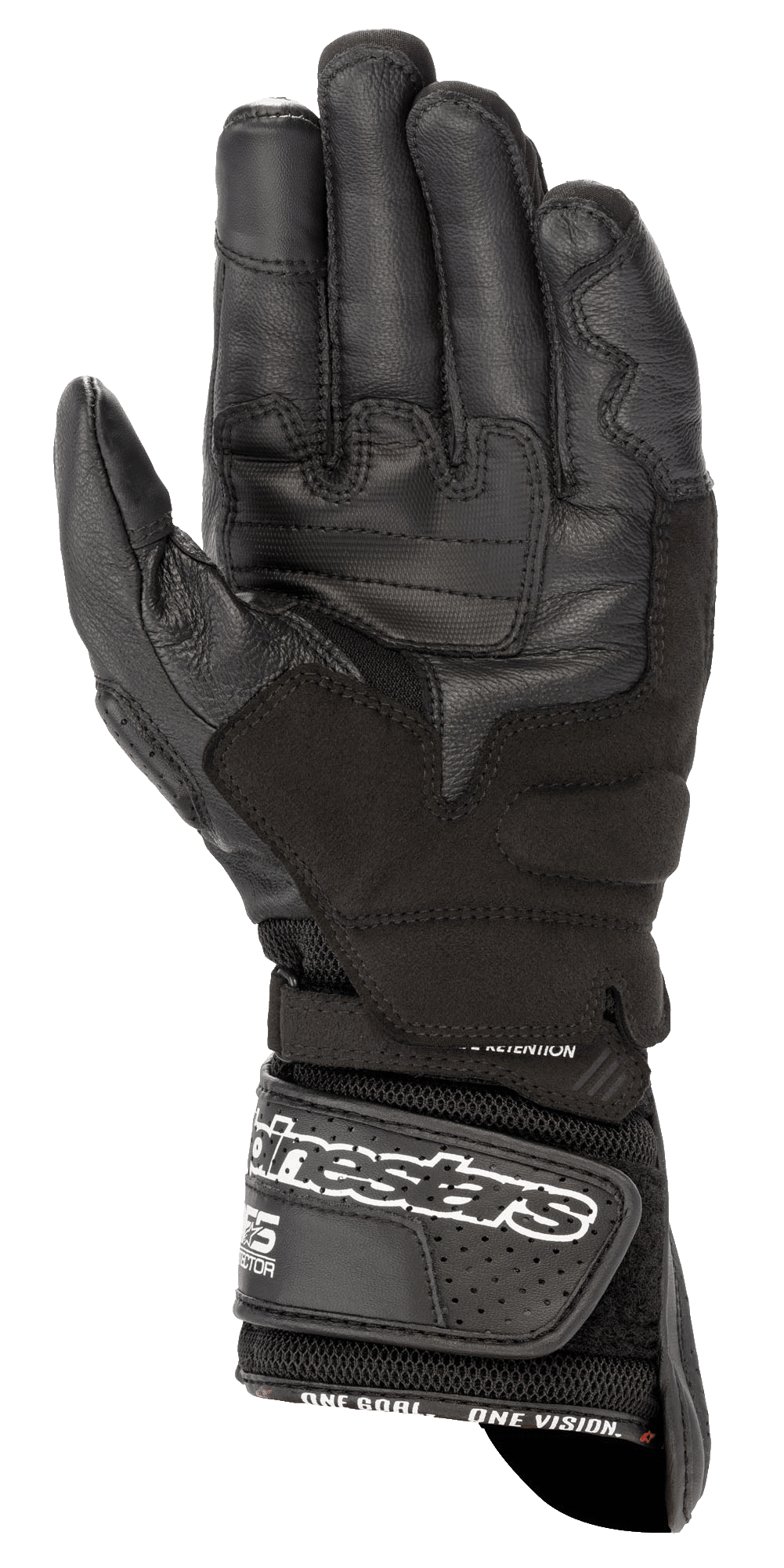 Alpinestars SP-8 V3 Air Gloves, Motorcycle Gloves, Black, palm view showing reinforced leather construction, grip inserts, and a wide wrist strap with white branding for a secure fit.