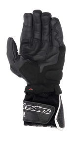 Guantes Alpinestars SP-8 V3 Air, guantes de moto, negros con detalles en blanco y rojo, vista de la palma con cuero perforado, zonas de agarre reforzadas y puño de malla 3D con un logotipo grande de Alpinestars en la correa de velcro