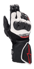 Alpinestars SP-8 V3 Air Gloves, guantes de carreras para moto, negro, blanco y rojo brillante, con construcción de cuero perforado, protección de nudillos de doble densidad, paneles de malla 3D y detalles del logo en rojo en el puño
