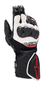 Alpinestars SP-8 V3 Air Gloves, guantes de carreras para moto, negro, blanco y rojo brillante, con construcción de cuero perforado, protección de nudillos de doble densidad, paneles de malla 3D y detalles del logo en rojo en el puño