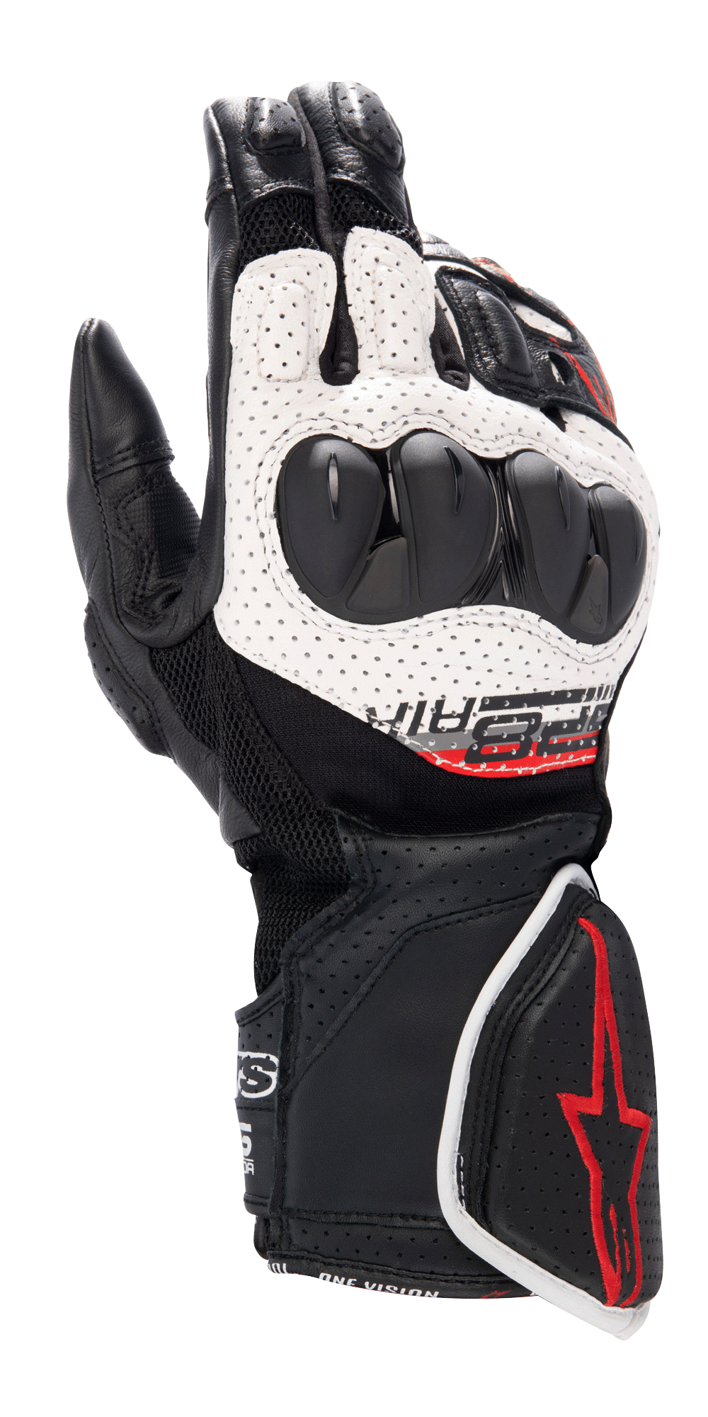 Alpinestars SP-8 V3 Air Gloves, guantes de carreras para moto, negro, blanco y rojo brillante, con construcción de cuero perforado, protección de nudillos de doble densidad, paneles de malla 3D y detalles del logo en rojo en el puño