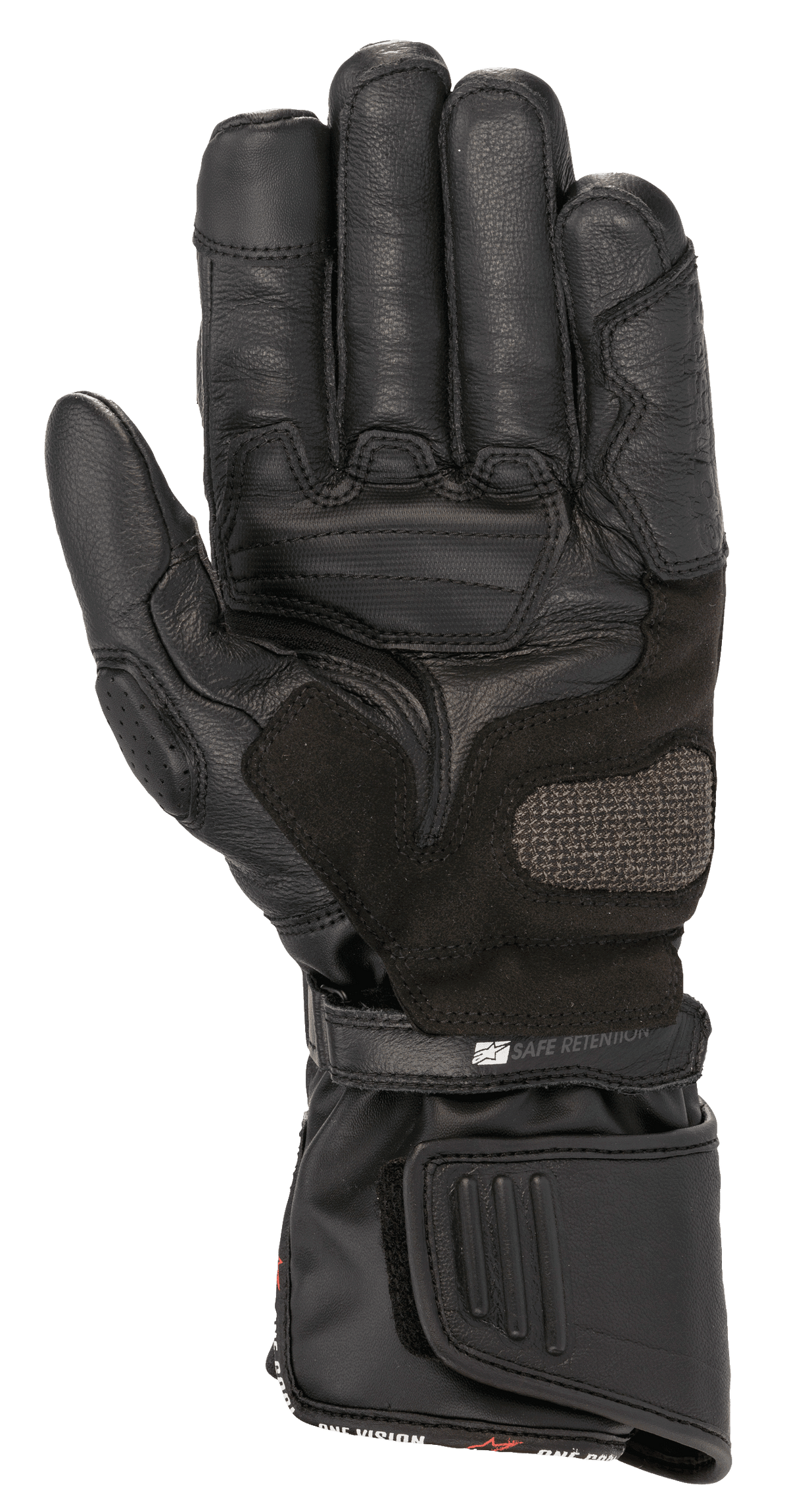 Guantes Alpinestars SP-8 HDry®, guantes de moto, negros, vista de la palma que muestra la construcción de cuero reforzado, zona de aterrizaje ARShield y sistema de doble cierre con correa 'Safe Retention', protección impermeable para conducción deportiva