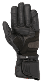 Guantes Alpinestars SP-8 HDry®, guantes de moto, negros, vista de la palma que muestra la construcción de cuero reforzado, zona de aterrizaje ARShield y sistema de doble cierre con correa 'Safe Retention', protección impermeable para conducción deportiva